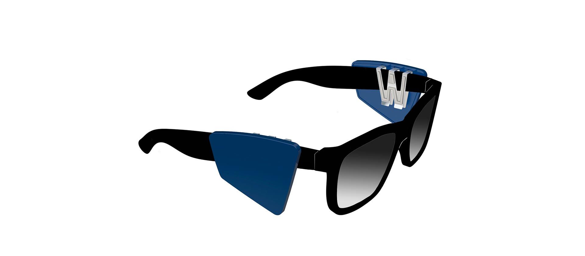 Wings of Shades in Trapez und in blauer Farbe an einer Sonnenbrille